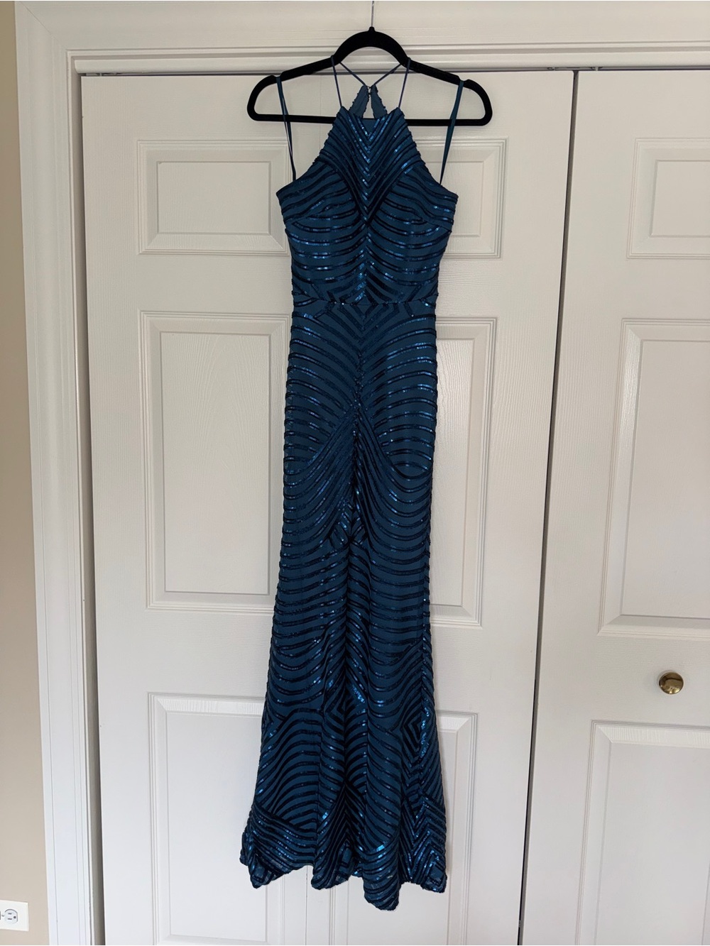 Teal Blue Sequin Halter Evening Dress